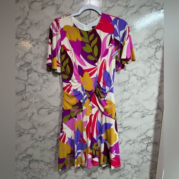 Donna Morgan V-Front Bell Sleeve Navy Blue & Pink Floral Mini Dress Size 0 - Picture 2 of 8